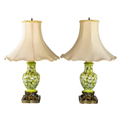 Pre-owned Cantagalli Italian Pair Pierced Majolica Lamps Urn Shaped W/filigree Bases By  In Sand