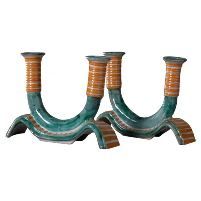 Pre-owned Cantagalli Pair Of Ceramic Candle Holders By Ics Vietri,  Period, Italy, Late 193 In Gray