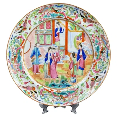 Pre-owned Canton Famille Rose 19th Century Chinese Famille Rose Porcelain Plate With Court Scene - 9.8 In In Red