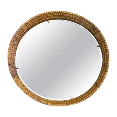 Pre-owned Cantu A Circular 1950s Italian Woven Rattan Mirror By , Roma With Brass Detail In Gray