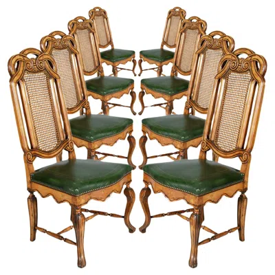 Pre-owned Cantu Eight Venetian Chippendale Palladian Chairs, In Walnut, Vienna Straw, Leather In Brown