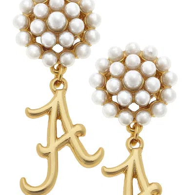 Canvas Style Alabama Crimson Tide Pearl Cluster 24k Gold Plated Logo Earrings