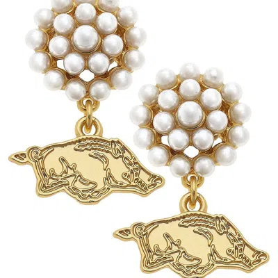 Canvas Style Arkansas Razorbacks Pearl Cluster 24k Gold Plated Logo Earrings
