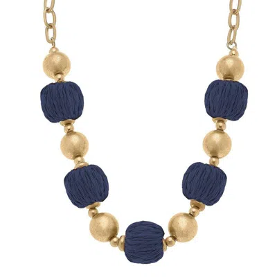 Canvas Style Barbados Raffia And Ball Bead Necklace In Blue