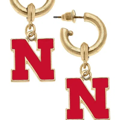Canvas Style Nebraska Cornhuskers Enamel Drop Hoop Earrings In Red