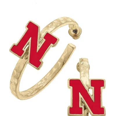 Canvas Style Nebraska Cornhuskers Enamel Logo Hoop Earrings In Gold