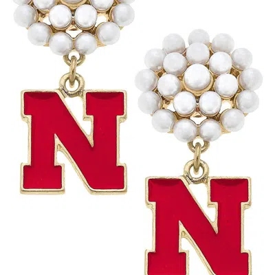 Canvas Style Nebraska Cornhuskers Pearl Cluster Enamel Drop Earrings In Red