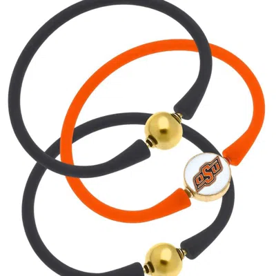 Canvas Style Oklahoma State Cowboys 24k Gold Plated Bali Bracelet Stack (set Of 3) In Multi