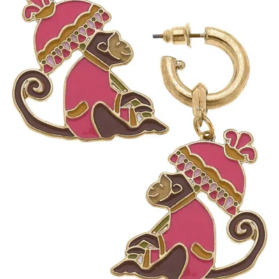 Canvas Style Remy Enamel Monkey Earrings In Pink & Brown