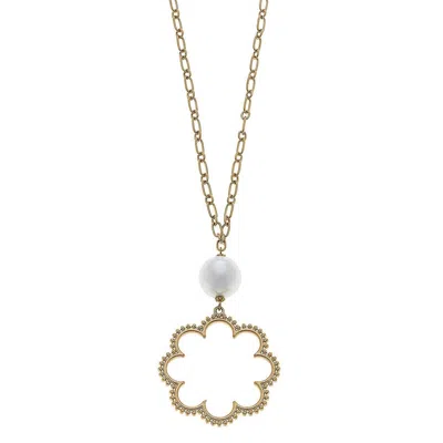 Canvas Style Women's Belle Studded Flower & Pearl Necklace In Worn Gold
