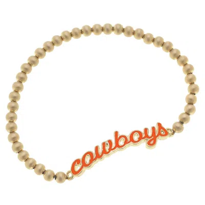 Canvas Style Women's Oklahoma State Cowboys Script Game Day Ball Bead Stretch Bracelet In Satin Gold