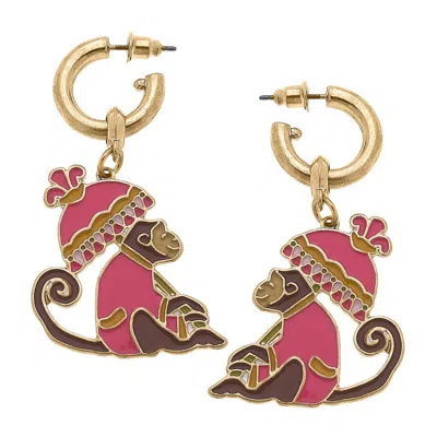 Canvas Style Women's Remy Enamel Monkey Earrings In Pink/brown In Red