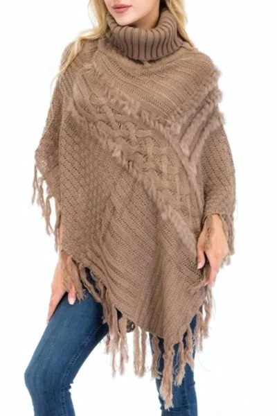 Cap Zone Luxury Turtleneck Poncho With Faux Fur Accent In Brown