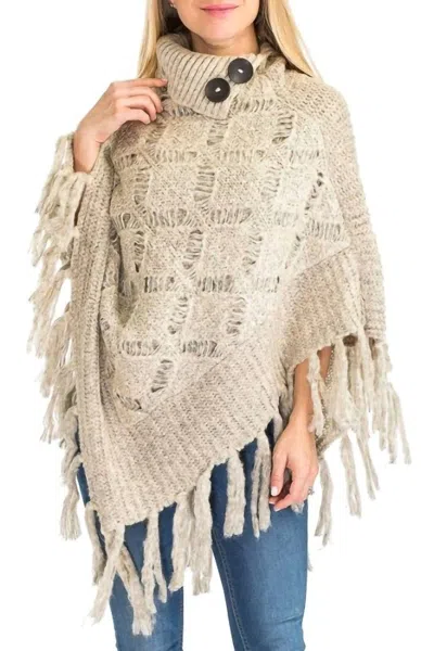 Cap Zone Turtleneck Ribbed Crochet Knit Poncho In Khaki In Neutral