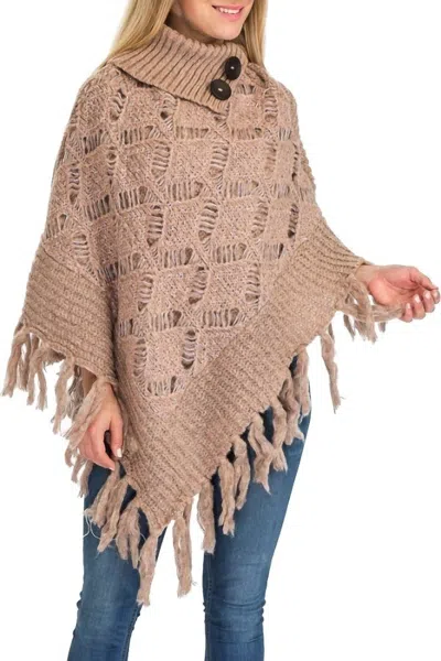 Cap Zone Turtleneck Ribbed Crochet Knit Poncho With Button Accent In Rose Gold In Brown