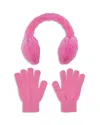 Capelli Girls' Oversized Heart Faux Fur Earmuffs With Adjustable Faux Fur Halo & Gloves Set - Big Kid In Pink