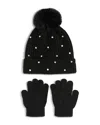Capelli Girls' Rhinestone Beanie With Faux Fur Pom & Gloves Set - Little Kid, Big Kid In Black
