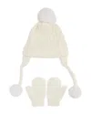 Capelli Girls' Super Soft Cable Knit Earflap Hat With Faux Fur Pom & Mittens Set In White