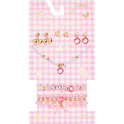 Capelli New York Kids' Assorted 9-pack Earrings, Bracelets And Necklaces Set In Pink Combo