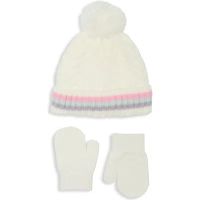 Capelli New York Babies'  Kids' Cable Stitch Bows Faux Fur Pompom Beanie & Mittens Set In Gray
