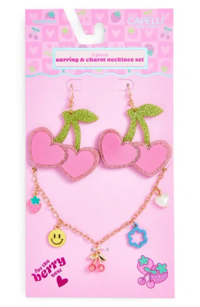 Capelli New York Kids' Cherry Necklace & Earrings Set In Pink