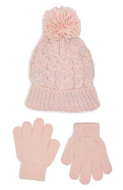 Shop Capelli New York Kids' Chunky Cable Stitch Pompom Hat & Gloves Set In Blush