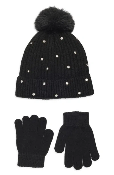 Capelli New York Kids' Crystal Embellished Rib Pompom Beanie & Gloves Set In Black