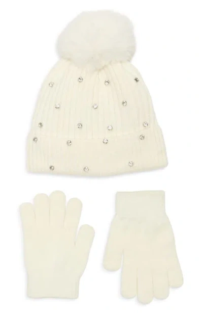 Capelli New York Kids' Crystal Embellished Rib Pompom Beanie & Gloves Set In Gray