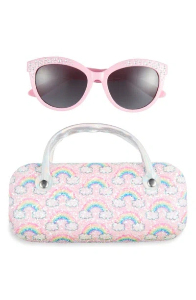 Capelli New York Kids' Crystal Embellished Sunglasses & Glitter Rainbow Case Set In Light Pink