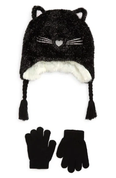 Capelli New York Kids' Disco Kitty Earflap Hat & Gloves Set In Black