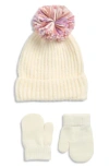 Capelli New York Kids' Fuzzy Knit Pompom Beanie & Gloves Set In White