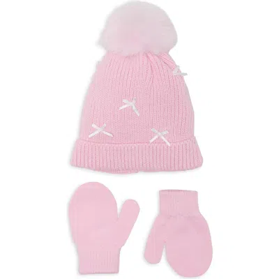 Capelli New York Babies'  Kids' Mini Bows Faux Fur Pompom Beanie & Mittens Set In Brown