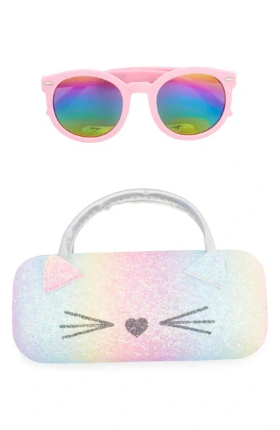Capelli New York Kids' Round Sunglasses & Glitter Case Set In Pink Multi Combo