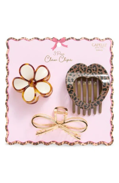 Capelli New York Kids' Set Of 3 Leopard, Flower & Bow Claw Clip Set In Gold