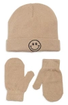 Capelli New York Kids' Smiley Rib Cable Knit Pompom Beanie & Mittens Set In Brown