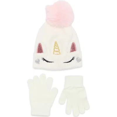 Capelli New York Kids' Unicorn Chenille Pompom Beanie & Gloves Set In White
