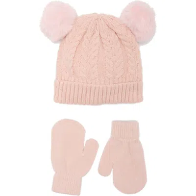 Capelli New York Pom Pom Cable Knit Cap & Mittens Set In Blush