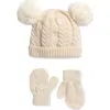 Capelli New York Pom Pom Cable Knit Cap & Mittens Set In Neutral