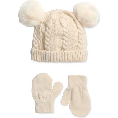 Capelli New York Babies'  Pom Pom Cable Knit Cap & Mittens Set In Neutral