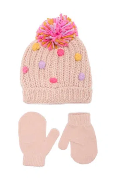Capelli New York Babies'  Pompom Knit Cap & Mittens Set In Pink Combo