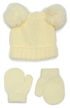 Capelli New York Seed Stitch Double Pompom Beanie & Mittens Set In Yellow