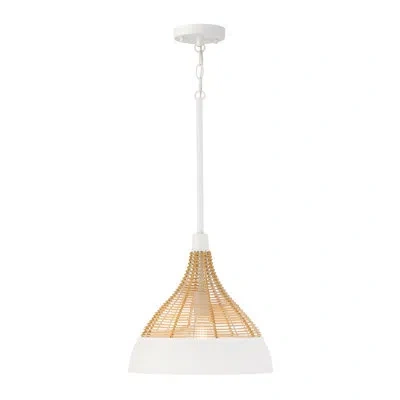 Capital Lighting 14" W X 13" H 1-light Boho Pendant In Matte White With Handcrafted Natural Rattan