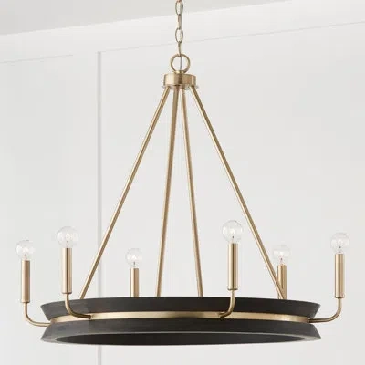 Capital Lighting Finn 6 - Light Candle Style Wagon Wheel Chandelier With Wood Accents In Black Stain,matte Brass