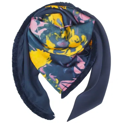 Capitana Women's Pink / Yellow / Blue Reversible Triangular Scarf With Fringe Trim In Blue - Silk, Wool & Vis In Multi