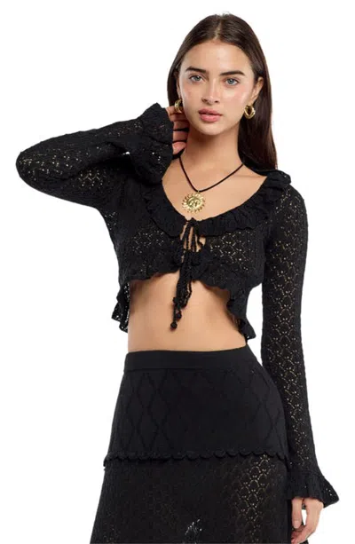Capittana Addie Openwork Crochet Crop Cover-up Top In Black