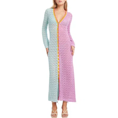 Capittana Alexandra Long Sleeve Colorblock Cover-up Maxi Sweater Dress In Purple/teal Multi