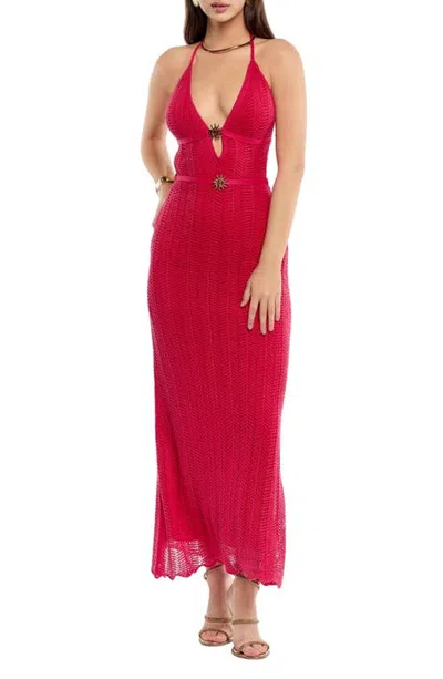 Capittana Ariel Crochet Halter Maxi Dress In Red