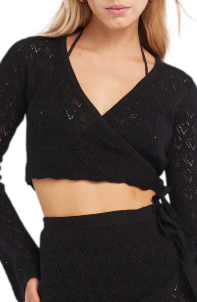 Capittana Kaia Openwork Crochet Crop Cover-up Sweater In Black