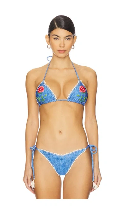Capittana Lia Roses Denim Bikini Top In Multi