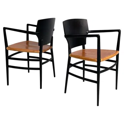 Pre-owned Cappellini Italian Modern Chairs By  In Black Wood And Brown Leather, 1980s